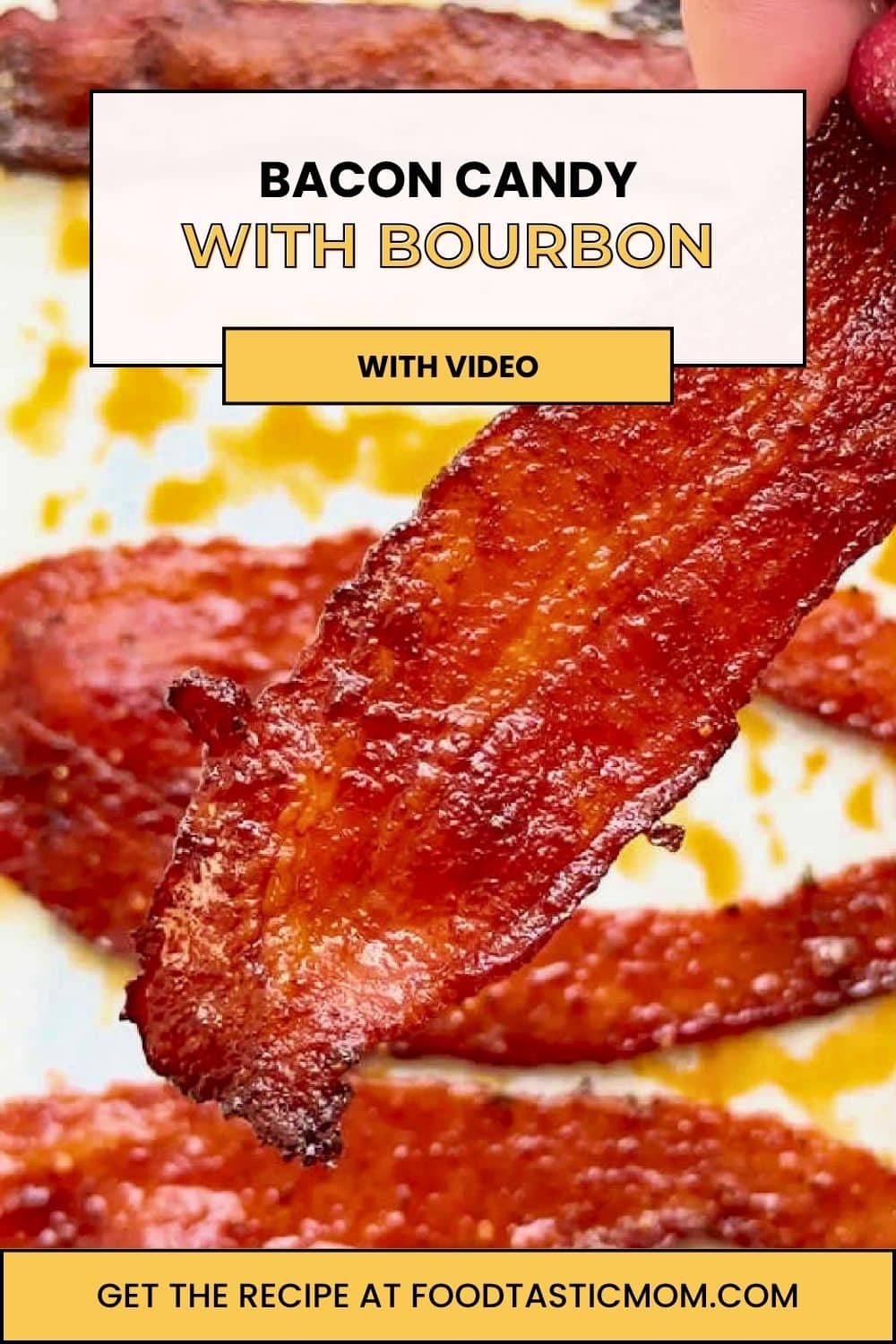 My easy bacon candy recipe combines brown sugar and spices with a splash of bourbon to easily brush on the bacon before baking. via @foodtasticmom