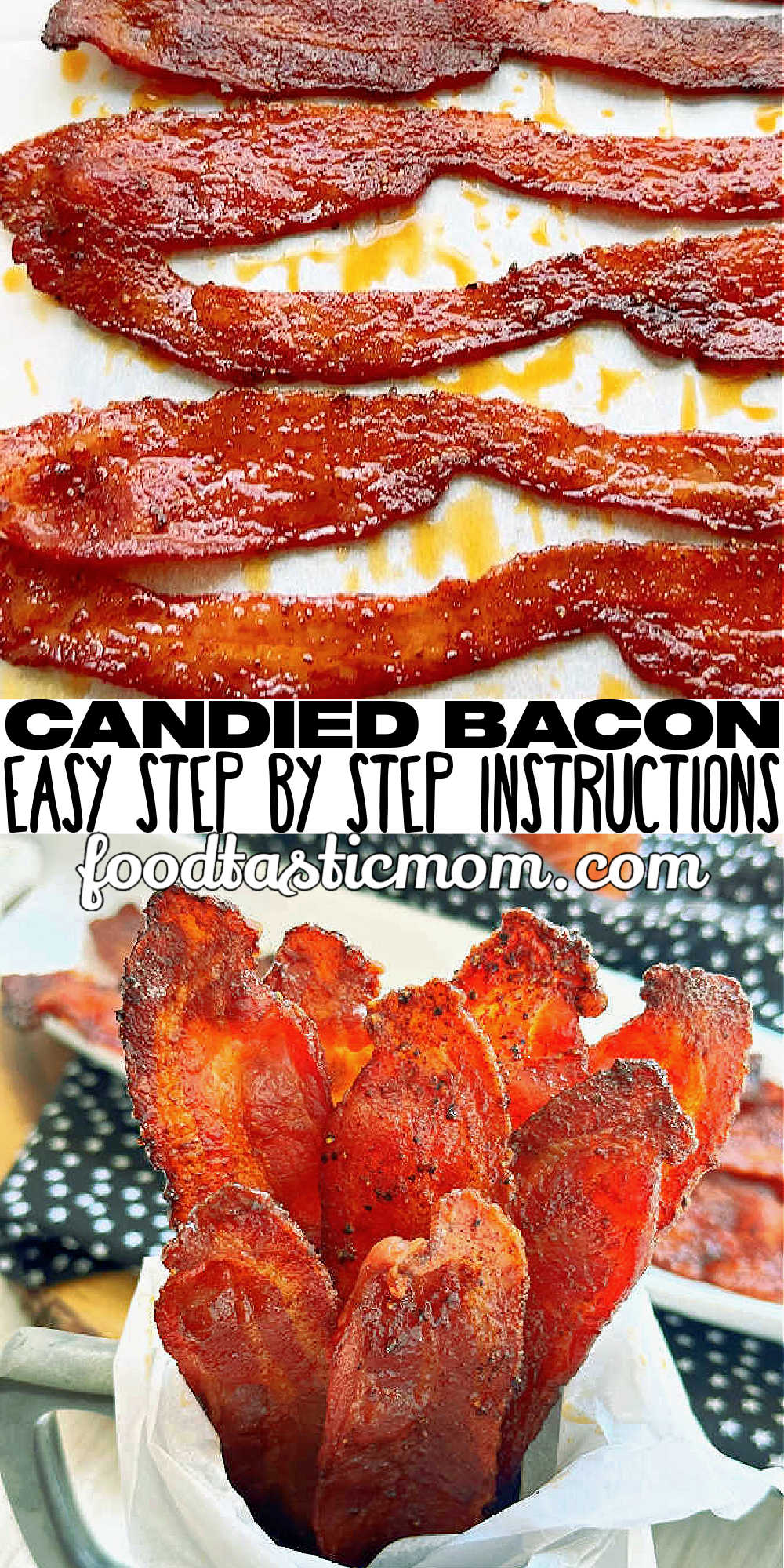 This delicious recipe for candied bacon combines brown sugar and spices with a splash of bourbon to easily brush on the bacon before baking. via @foodtasticmom
