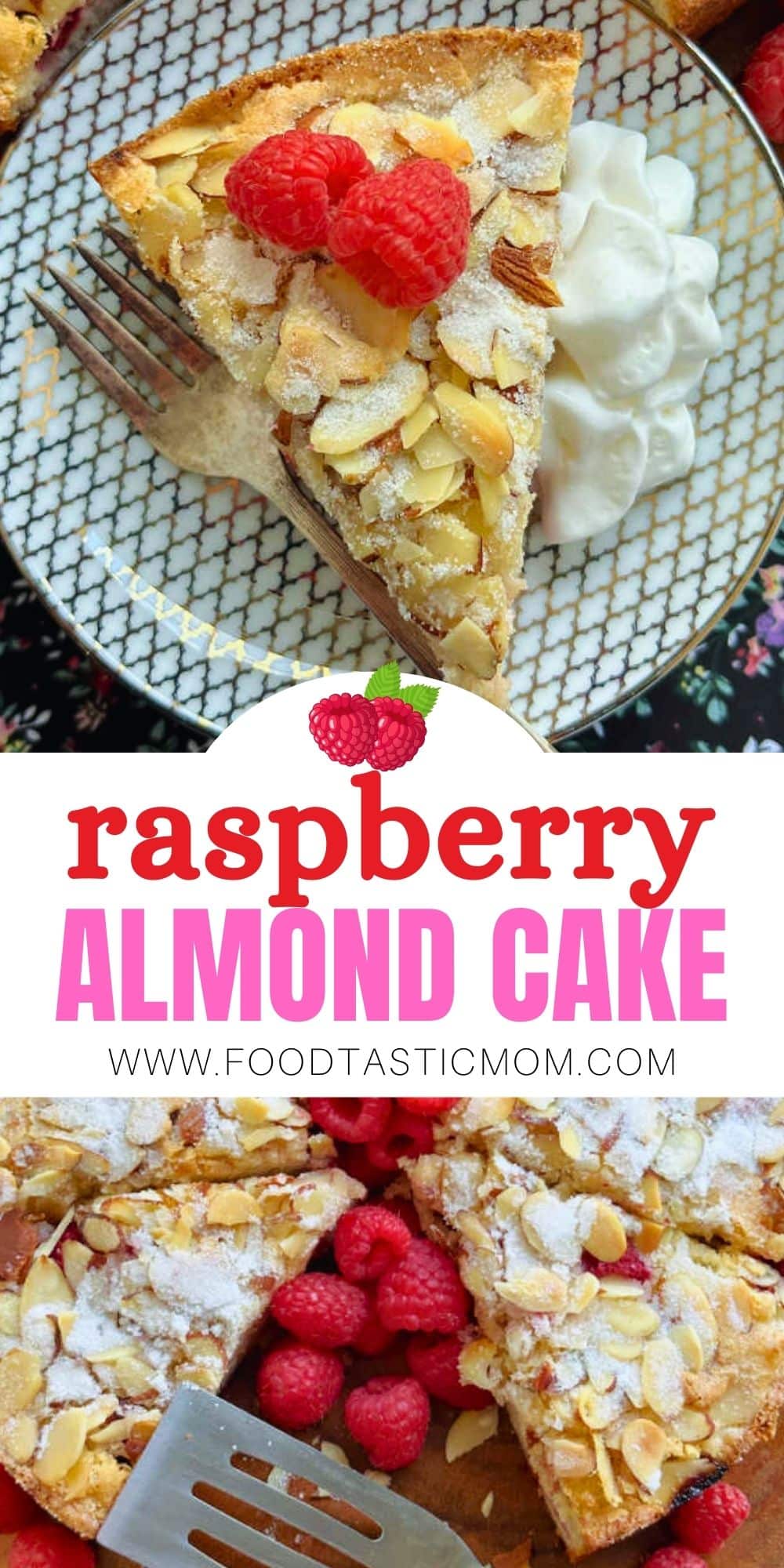 Raspberry Almond Cake is a delicious cake with a tender crumb. Baked in a springform pan, packed with raspberries and topped with flaked almonds and sugar. via @foodtasticmom