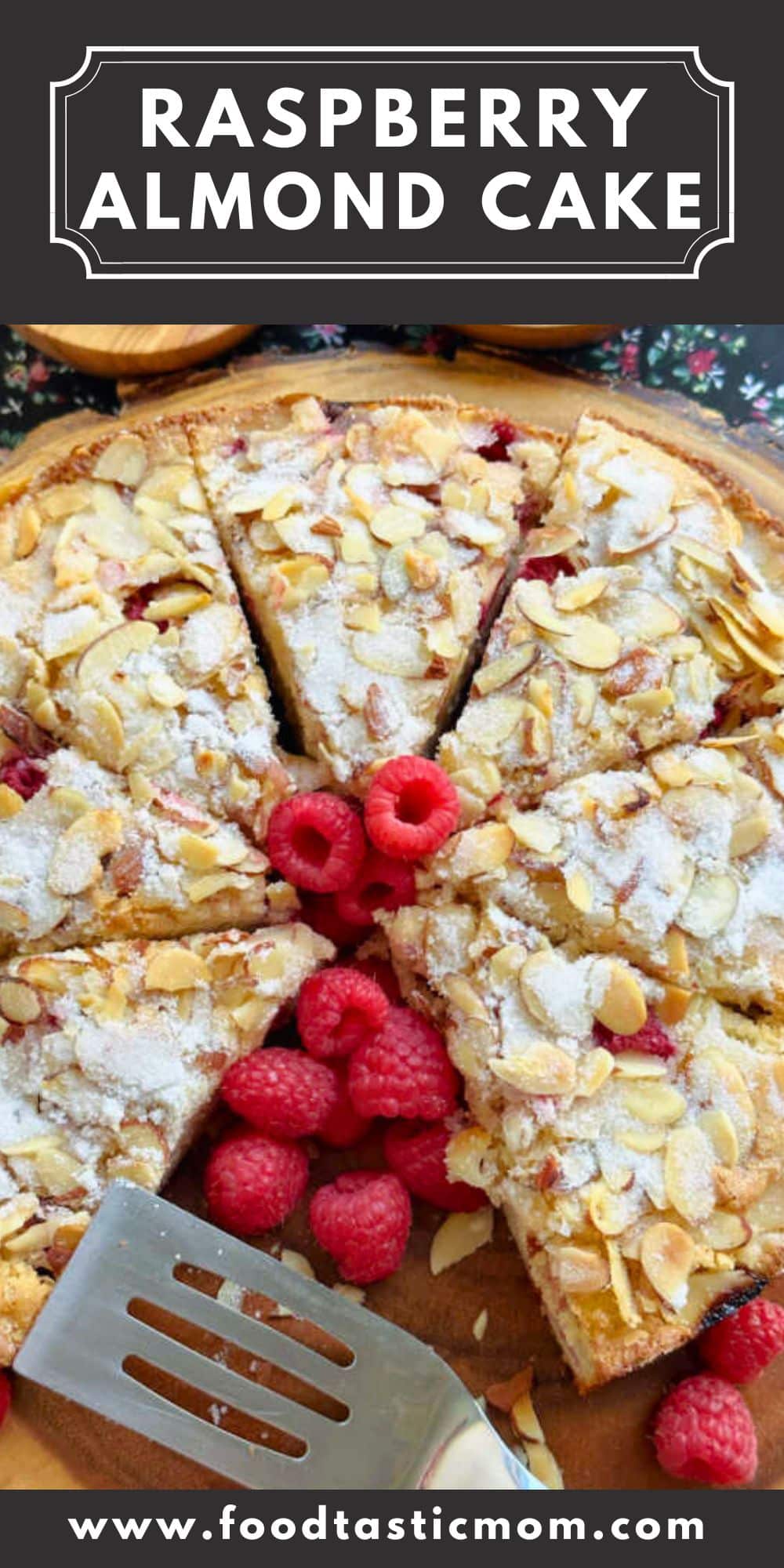 Raspberry Almond Cake is a delicious cake with a tender crumb. Baked in a springform pan, packed with raspberries and topped with flaked almonds and sugar. via @foodtasticmom