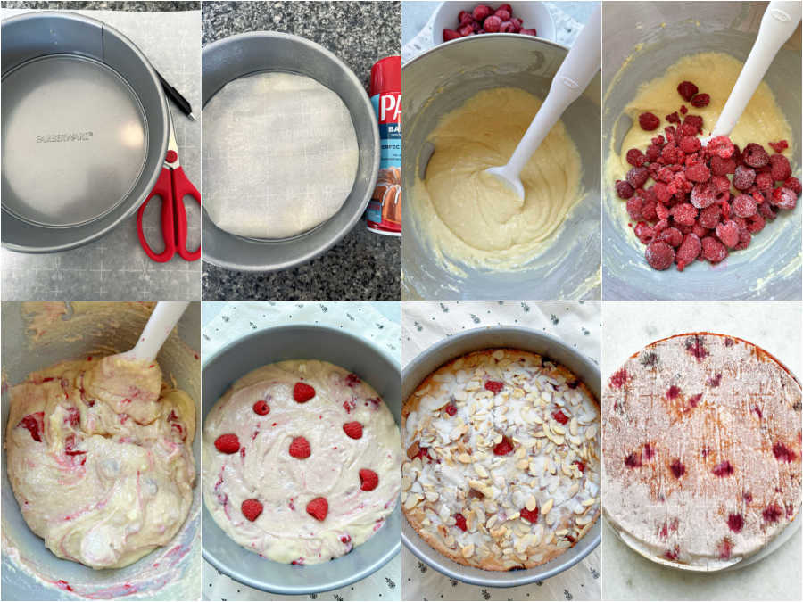 step by step photo collage showing how to make a raspberry almond cake