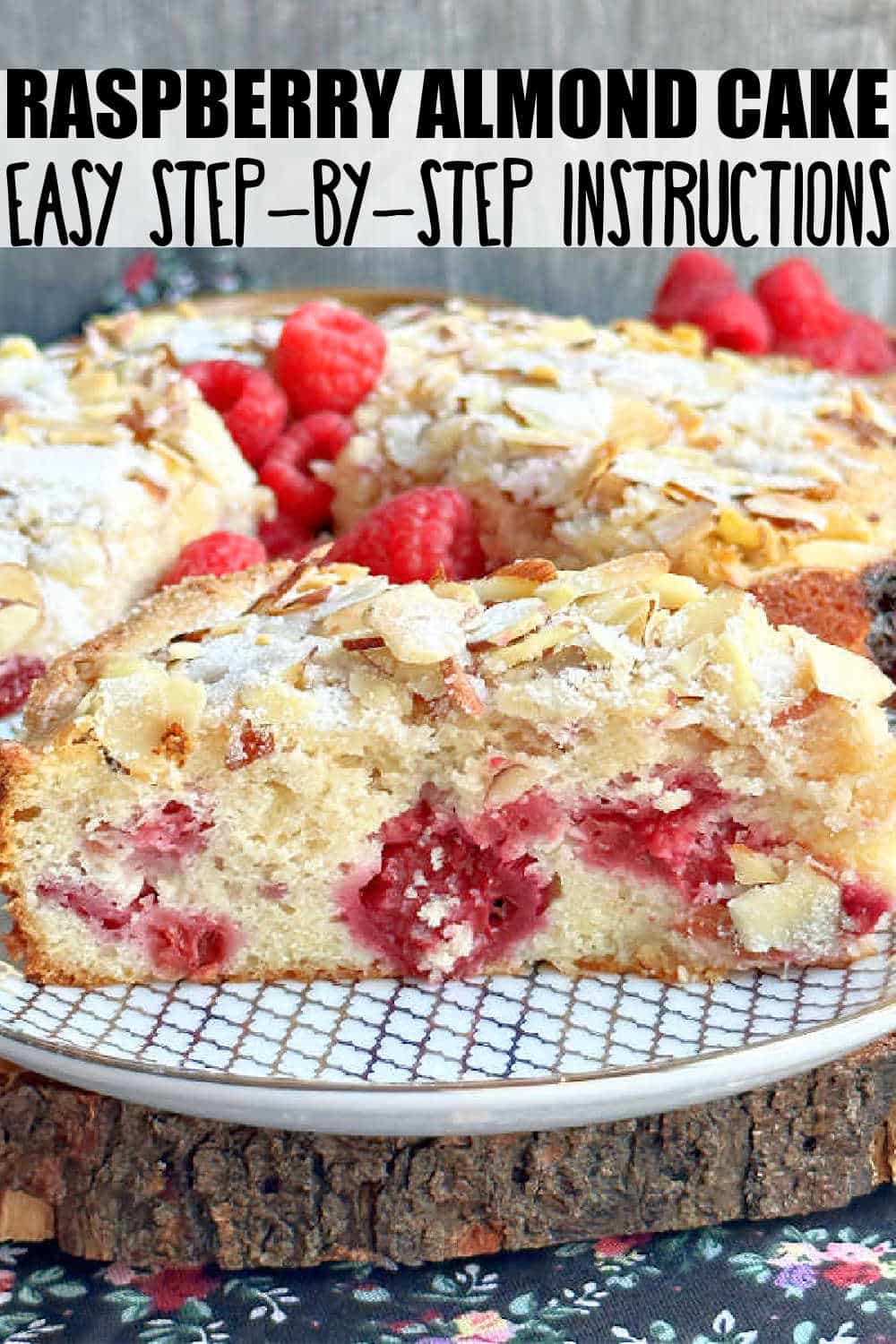 Raspberry Almond Cake is a delicious cake with a tender crumb. Baked in a springform pan, packed with raspberries and topped with flaked almonds and sugar. via @foodtasticmom