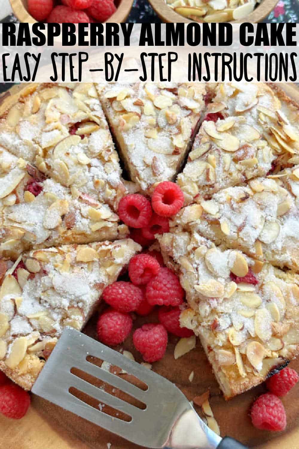 Raspberry Almond Cake is a delicious cake with a tender crumb. Baked in a springform pan, packed with raspberries and topped with flaked almonds and sugar. via @foodtasticmom