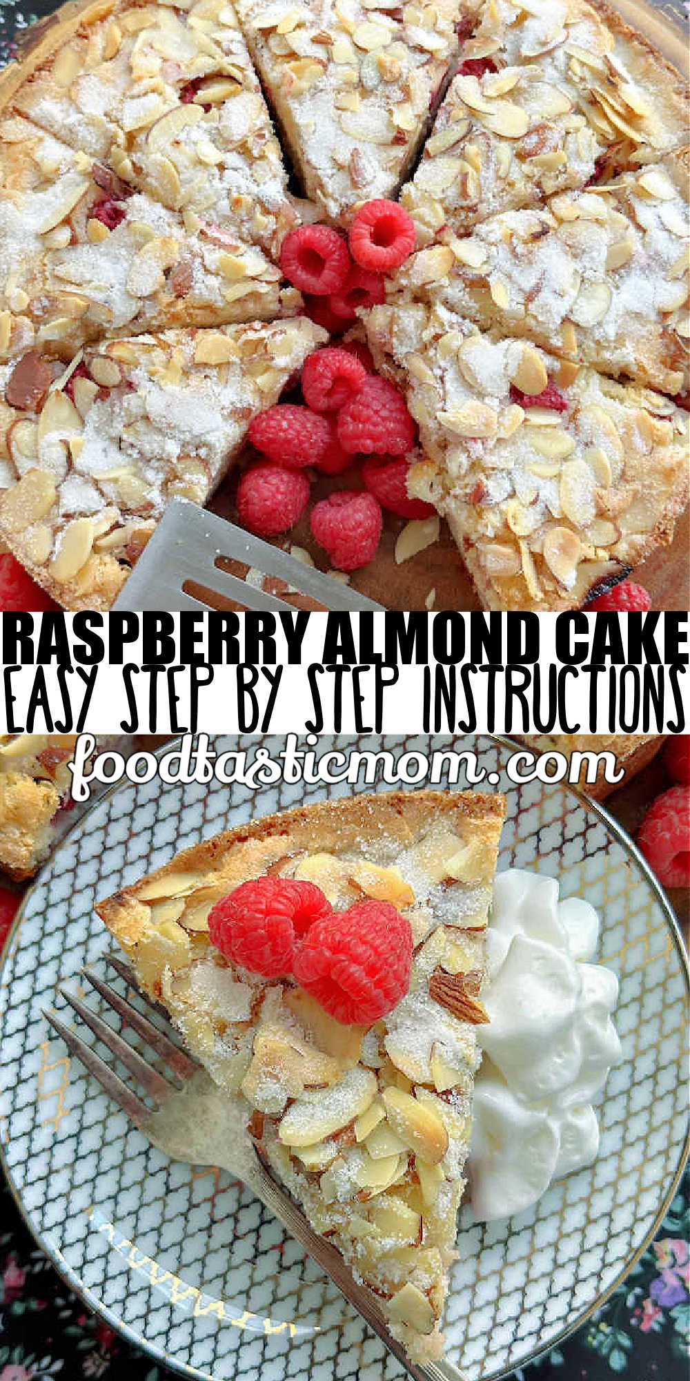 Raspberry Almond Cake is a delicious cake with a tender crumb. Baked in a springform pan, packed with raspberries and topped with flaked almonds and sugar. via @foodtasticmom