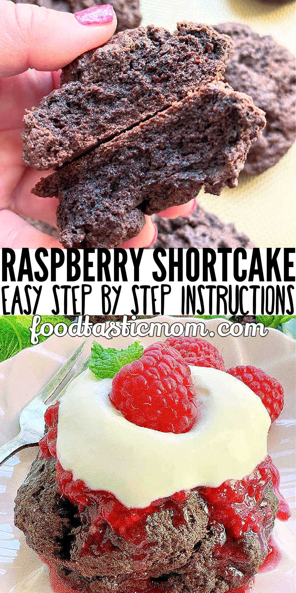 An easy raspberry shortcake recipe made with chocolate biscuits, raspberry sauce and homemade whipped cream. Made with frozen raspberries. via @foodtasticmom