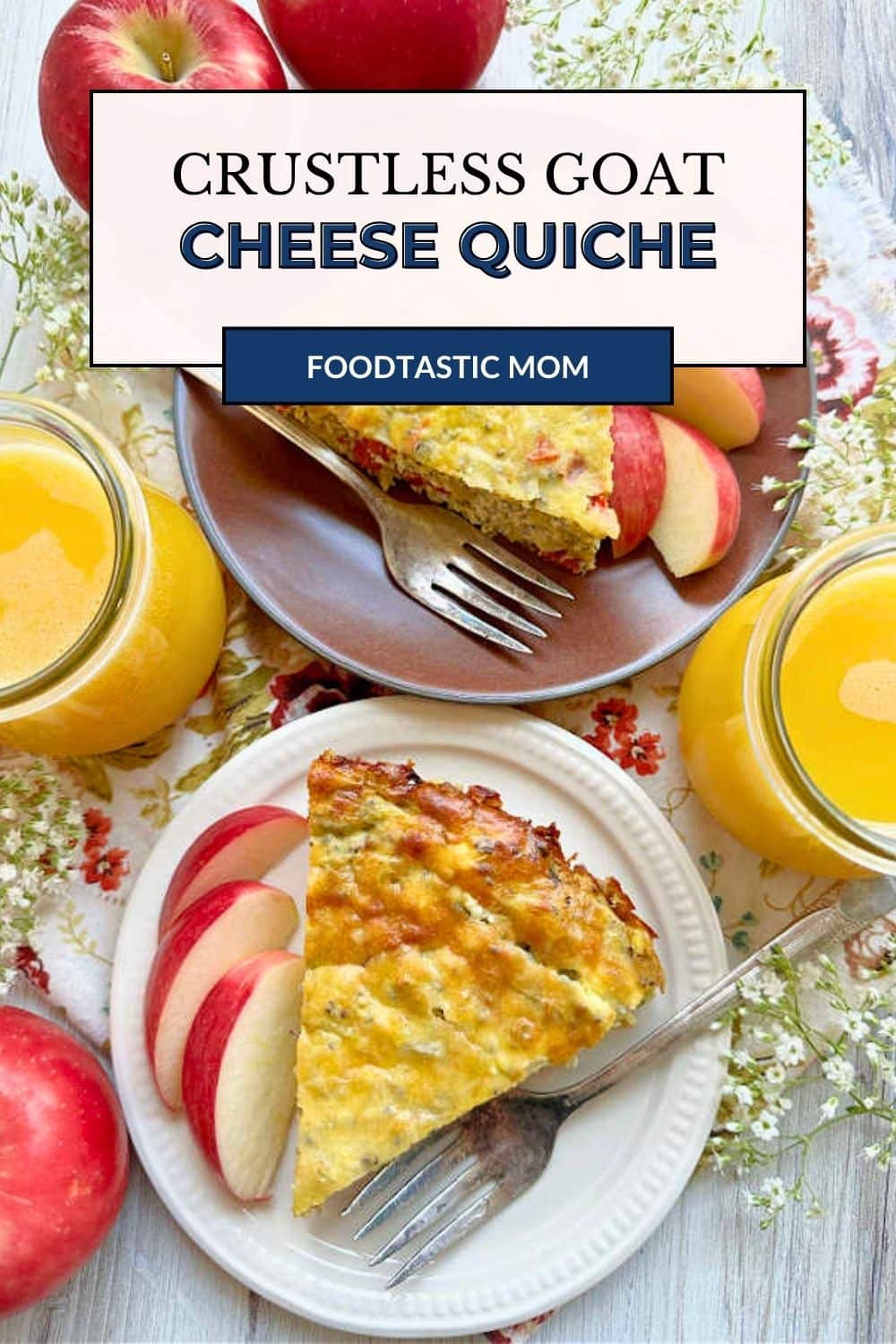 This Goat Cheese Quiche tastes indulgent but it's crustless! Artichoke hearts, roasted red peppers, goat cheese and a surprising ingredient combine for a really delicious quiche. via @foodtasticmom