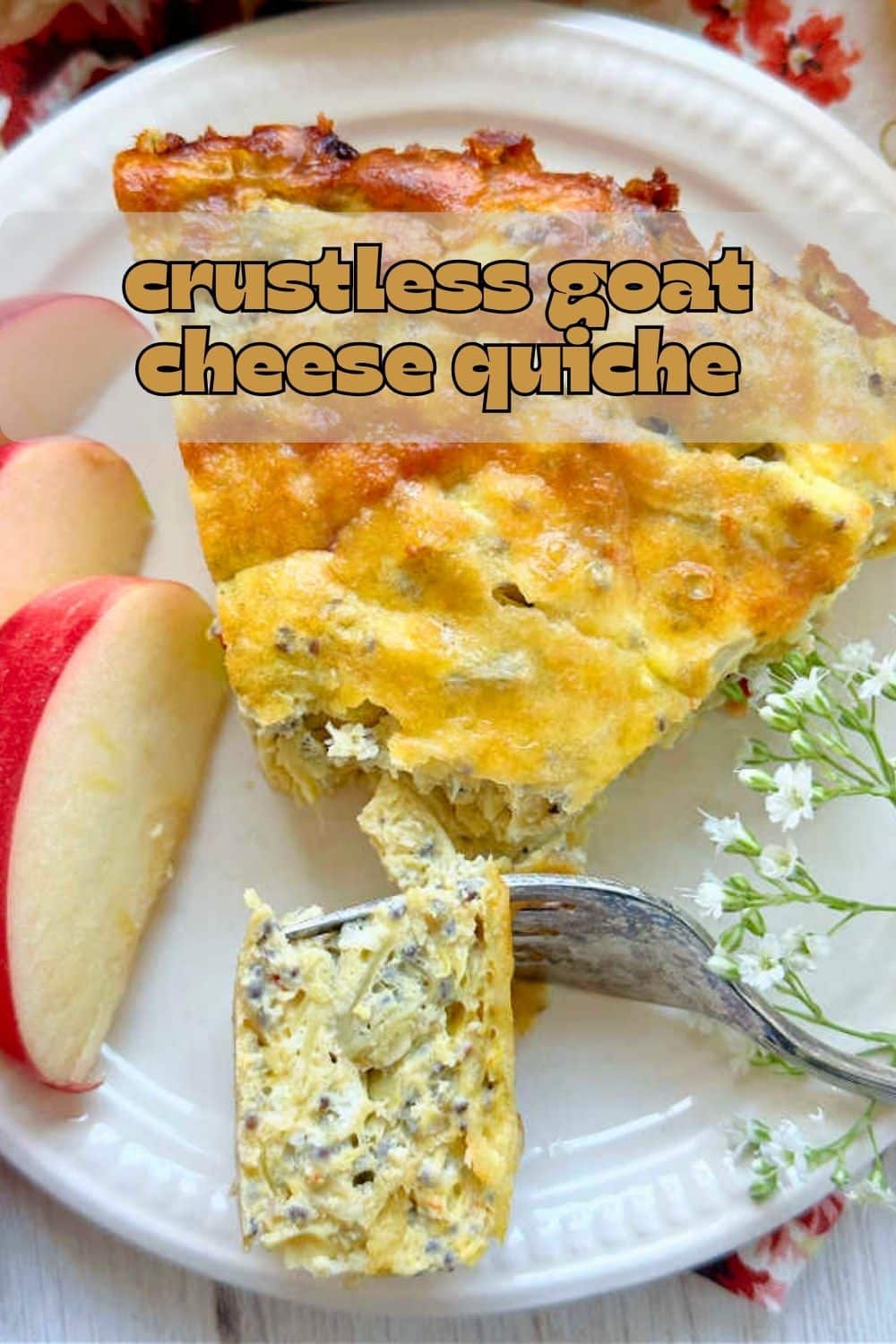 This Goat Cheese Quiche tastes indulgent but it's crustless! Artichoke hearts, roasted red peppers, goat cheese and a surprising ingredient combine for a really delicious quiche. via @foodtasticmom