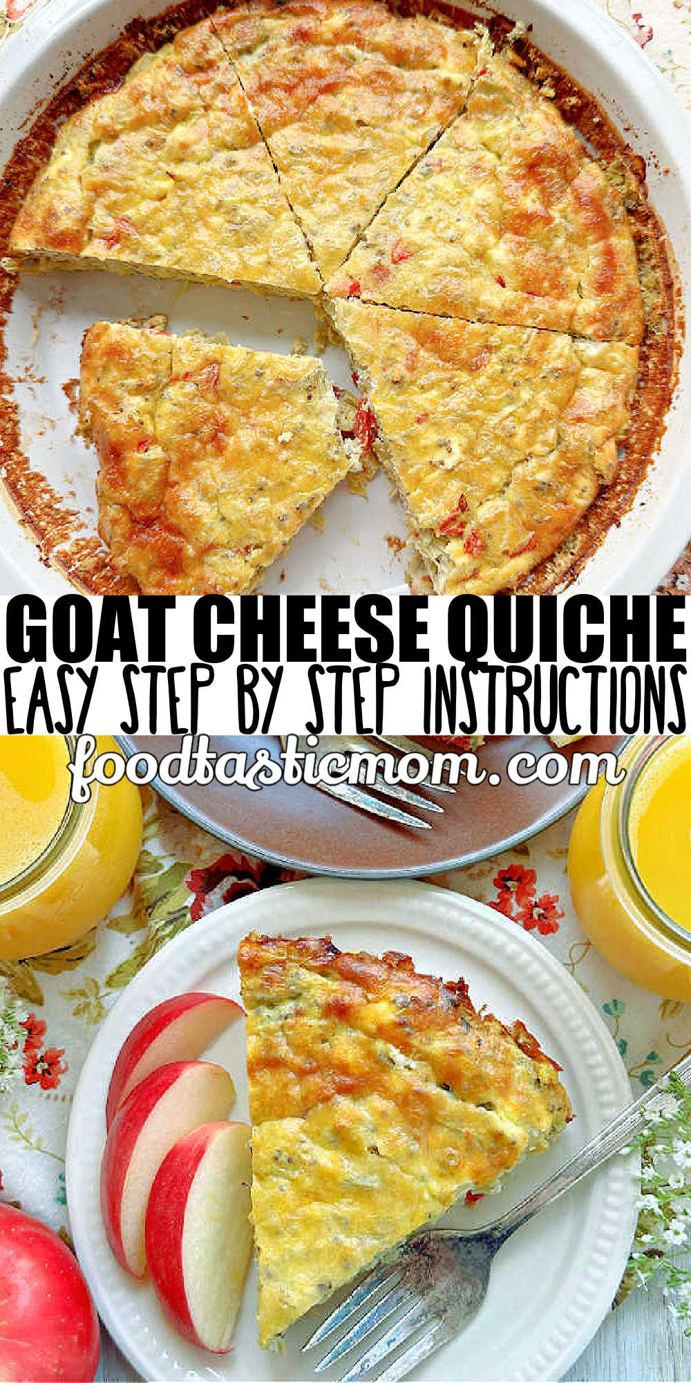 This Goat Cheese Quiche tastes indulgent but it's crustless! Artichoke hearts, roasted red peppers, goat cheese and a surprising ingredient combine for a really delicious quiche. via @foodtasticmom