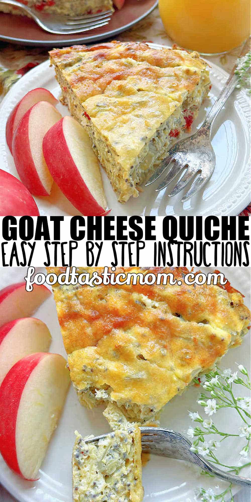 This Goat Cheese Quiche tastes indulgent but it's crustless! Artichoke hearts, roasted red peppers, goat cheese and a surprising ingredient combine for a really delicious quiche. via @foodtasticmom