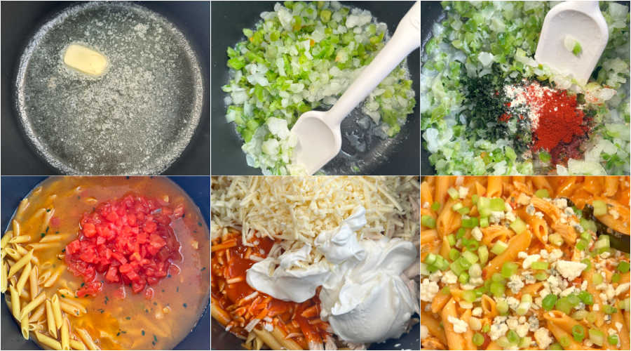 step by step photos showing how to make buffalo chicken pasta from start to finish