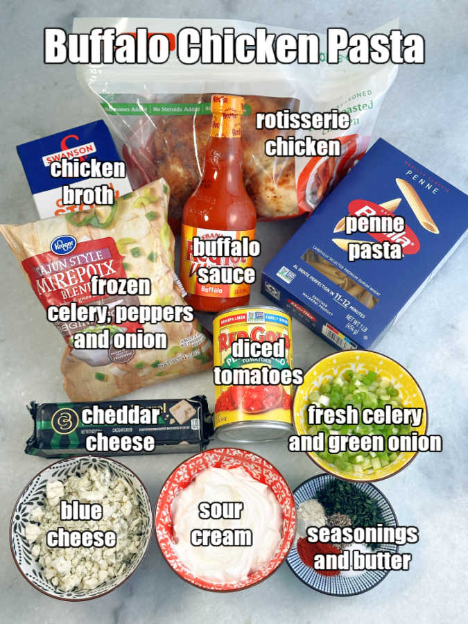 picture of labeled ingredients needed for making buffalo chicken pasta