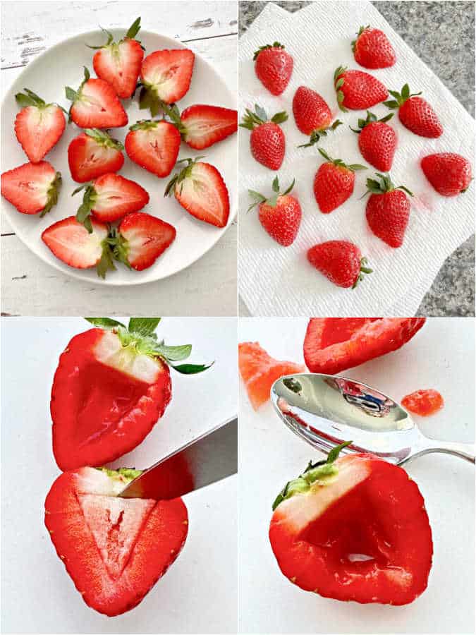 step by step photo showing how to prepare the strawberries to be filled with the cream cheese mixture