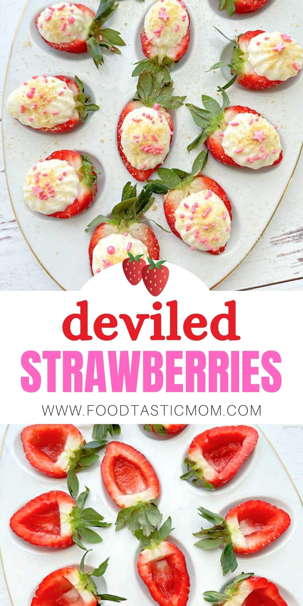 Try filling your deviled egg platter with juicy strawberries! This yummy dessert combines fresh berries with a creamy cheesecake filling. via @foodtasticmom