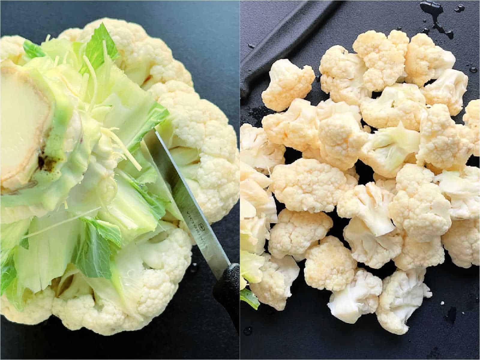 showing how to cut cauliflower into bite-sized pieces