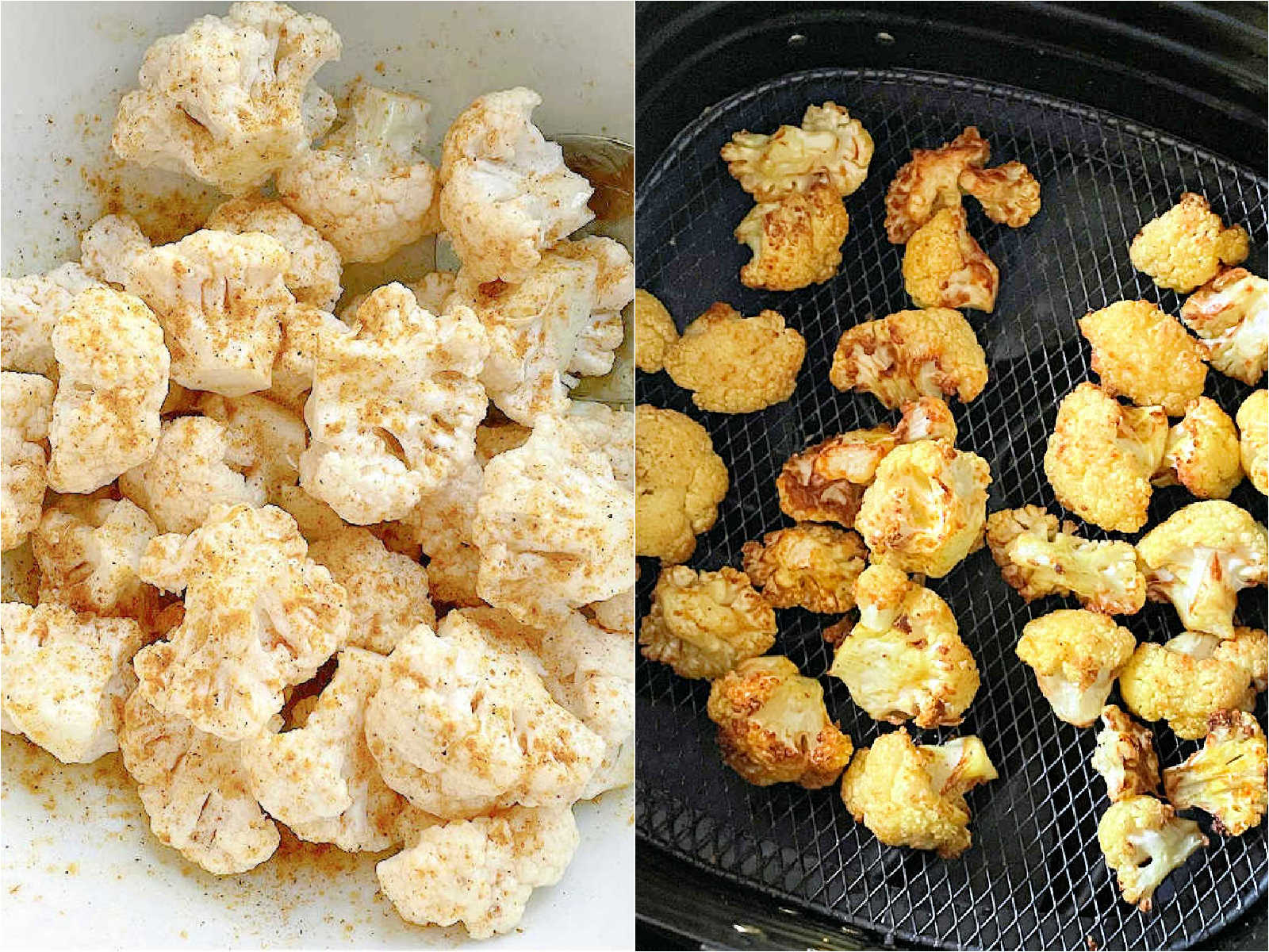 seasoned cauliflower before and after being air fried