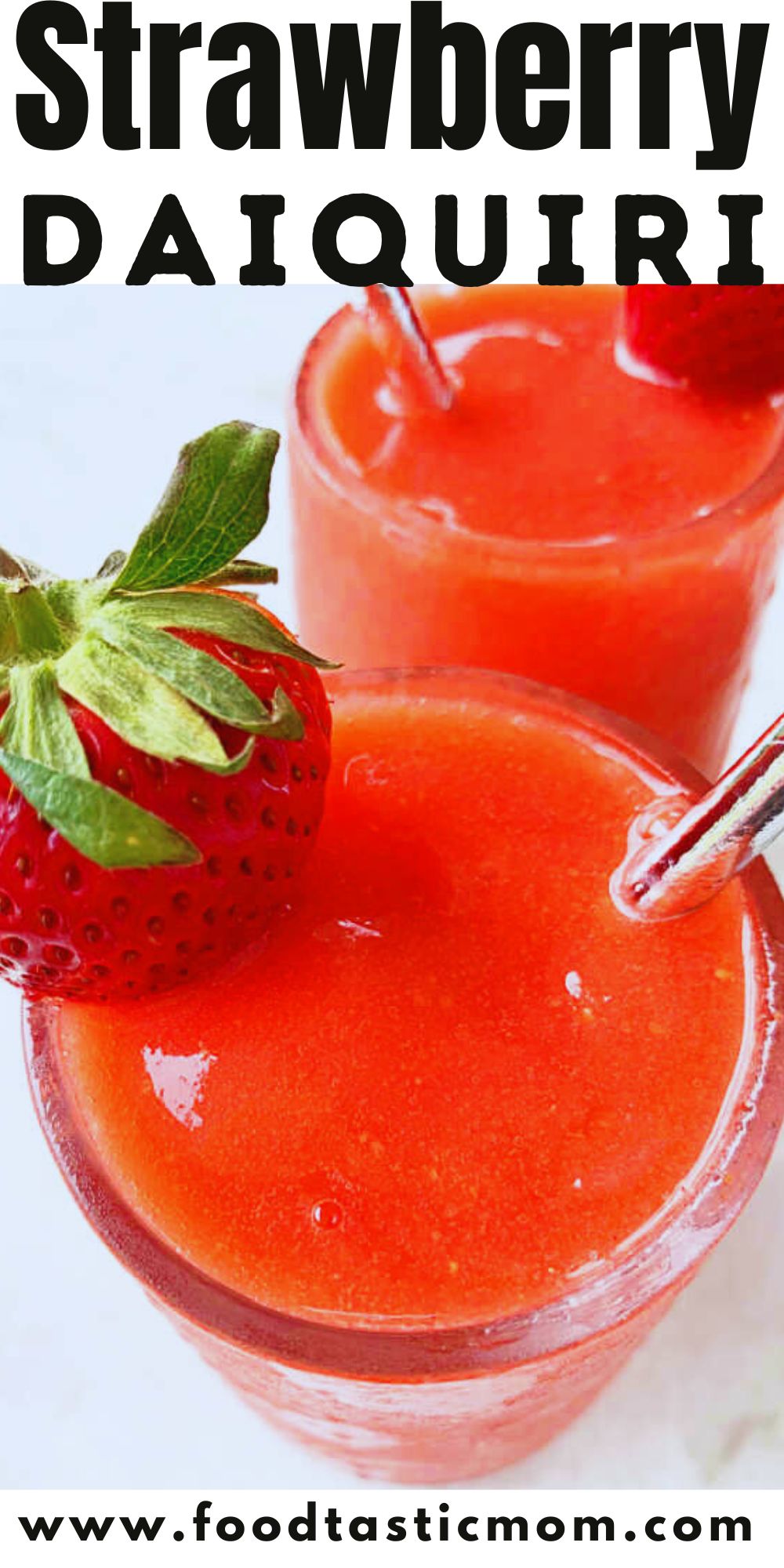 The best strawberry daiquiri is made with simple ingredients - frozen berries, the best rum, strawberry jam, powdered sugar and cardamom. via @foodtasticmom