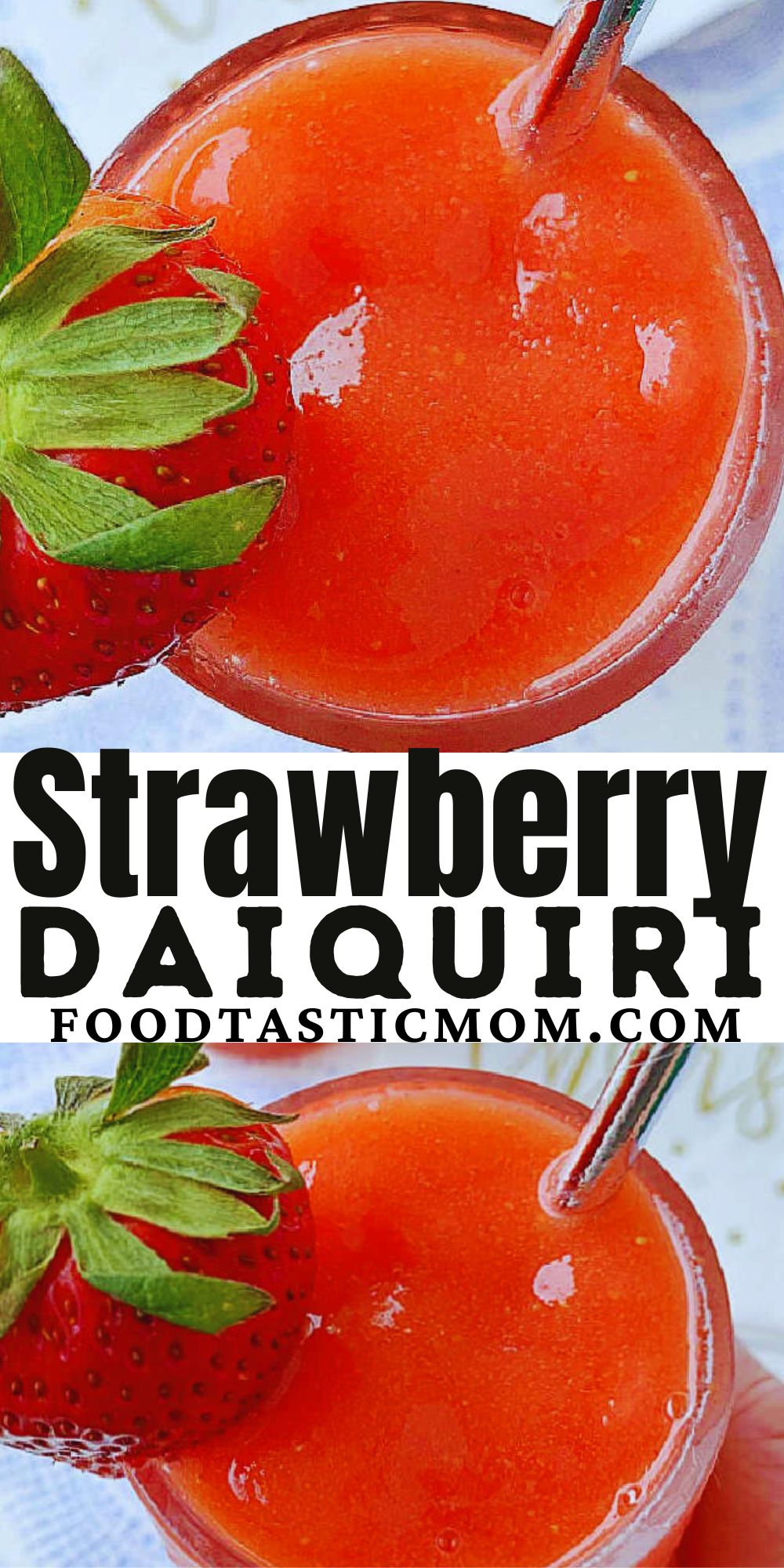 The best strawberry daiquiri is made with simple ingredients - frozen berries, the best rum, strawberry jam, powdered sugar and cardamom. via @foodtasticmom