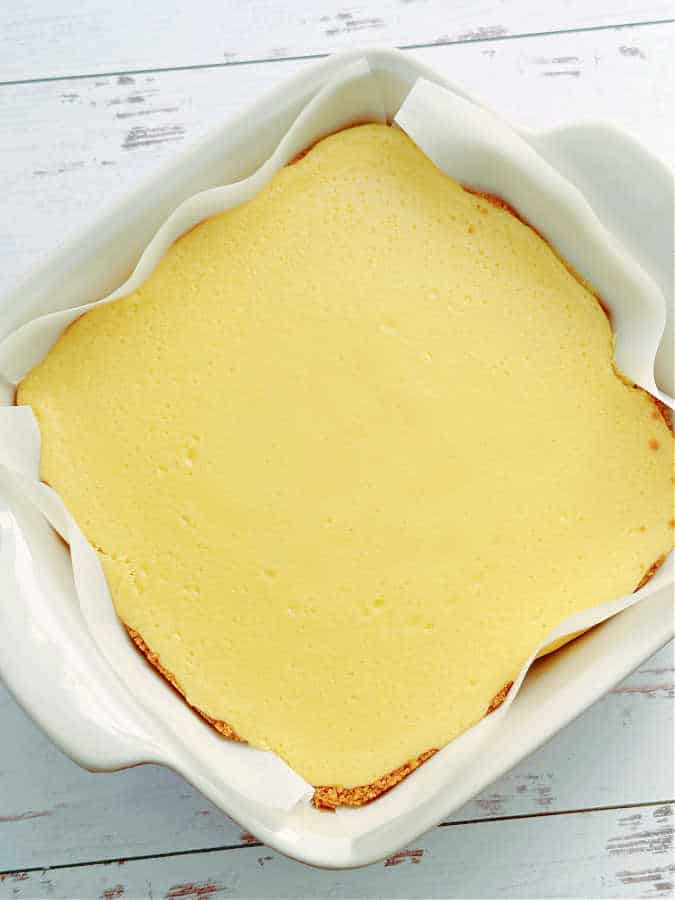 a pan of lemon bars just baked, not sliced or garnished yet