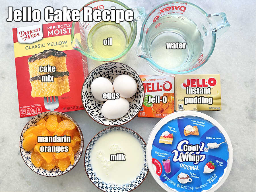 picture of ingredients needed to make orange jello cake recipe with cool whip frosting