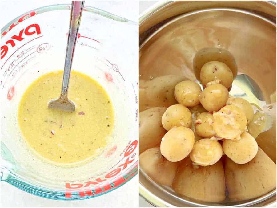 pictures showing lemon vinaigrette dressing and boiled potatoes
