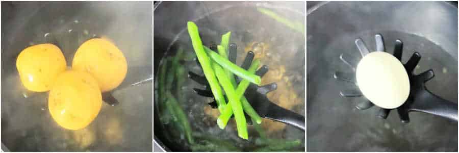 pictures showing how to boil the potatoes, green beans and eggs