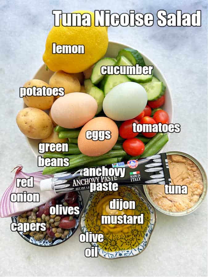 picture of all ingredients needed to make salade nicoise