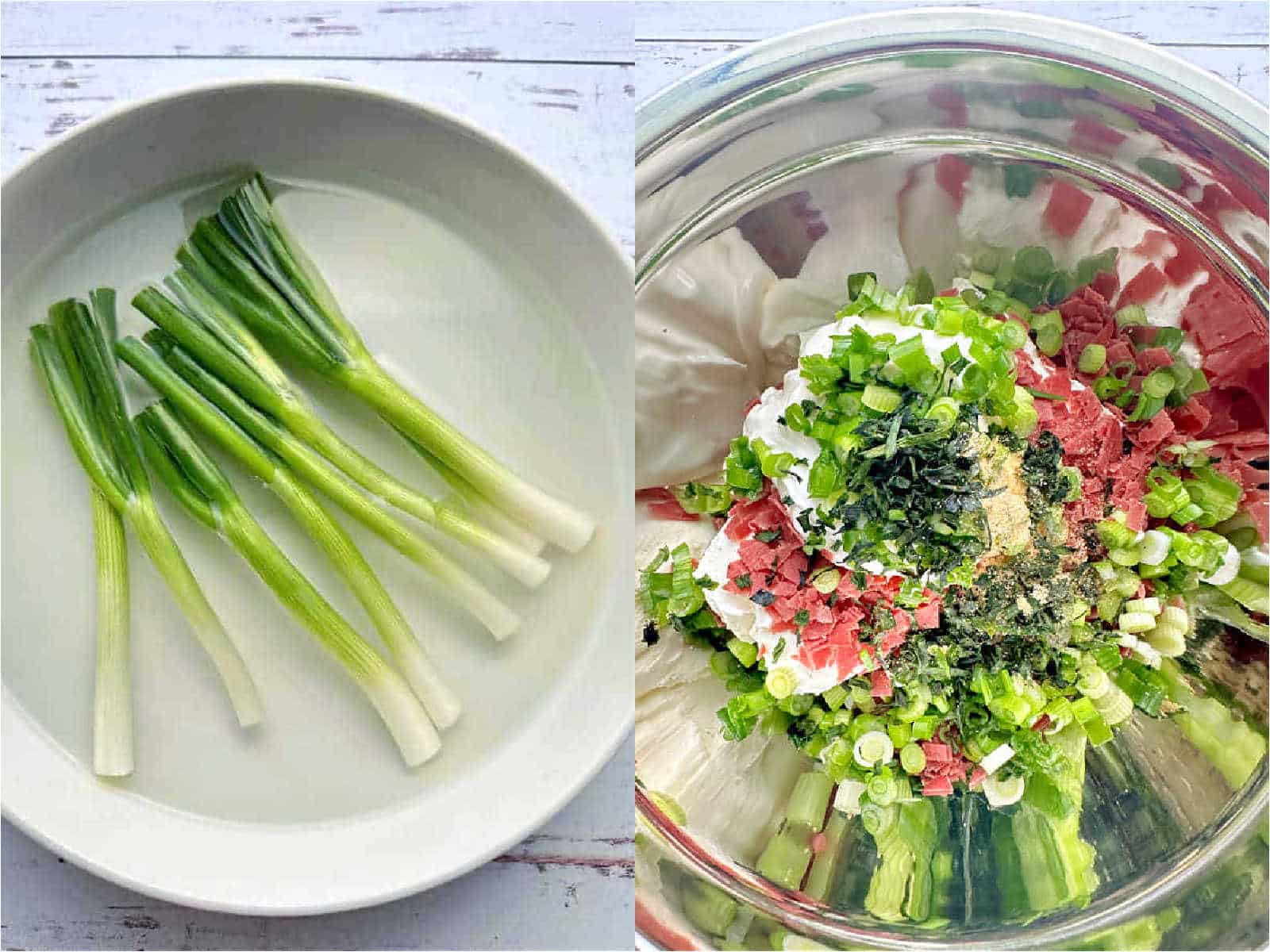 a collage of two pictures, showing the green onions soaking in cold water and the bowl of ingredients before being mixed