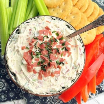 Dried Beef Dip is a classic appetizer made with simple ingredients. Serve this old-school recipe with butter cracker dippers or fresh veggies.
