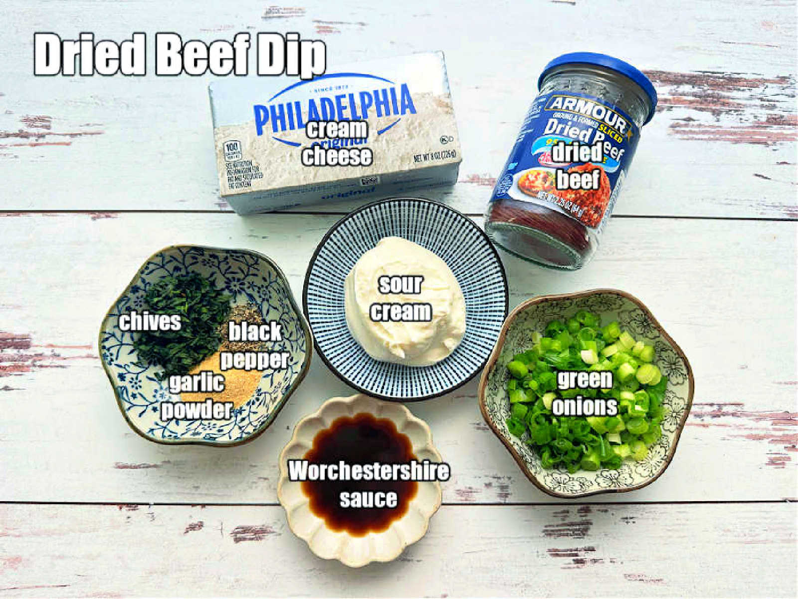 picture of ingredients needed to make dried beef dip