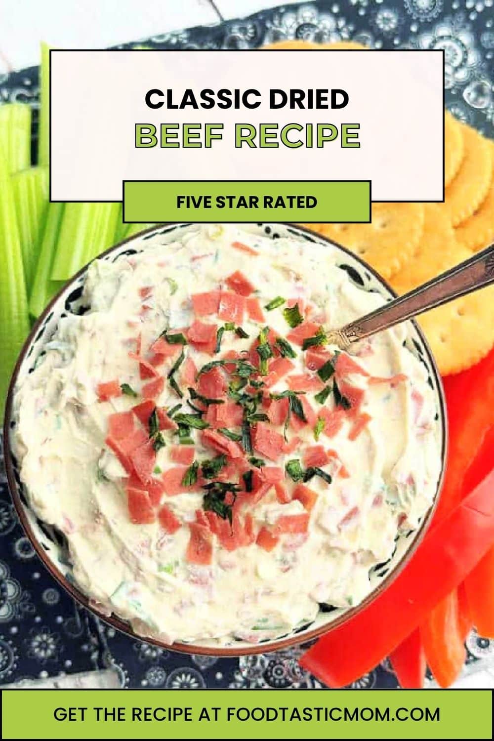 Dried Beef Dip is a classic appetizer made with simple ingredients. Serve this old-school recipe with butter cracker dippers or fresh veggies. via @foodtasticmom