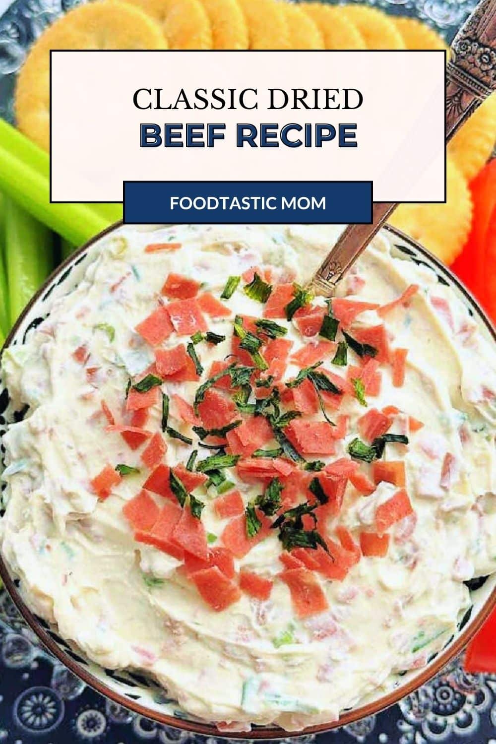 Dried Beef Dip is a classic appetizer made with simple ingredients. Serve this old-school recipe with butter cracker dippers or fresh veggies. via @foodtasticmom