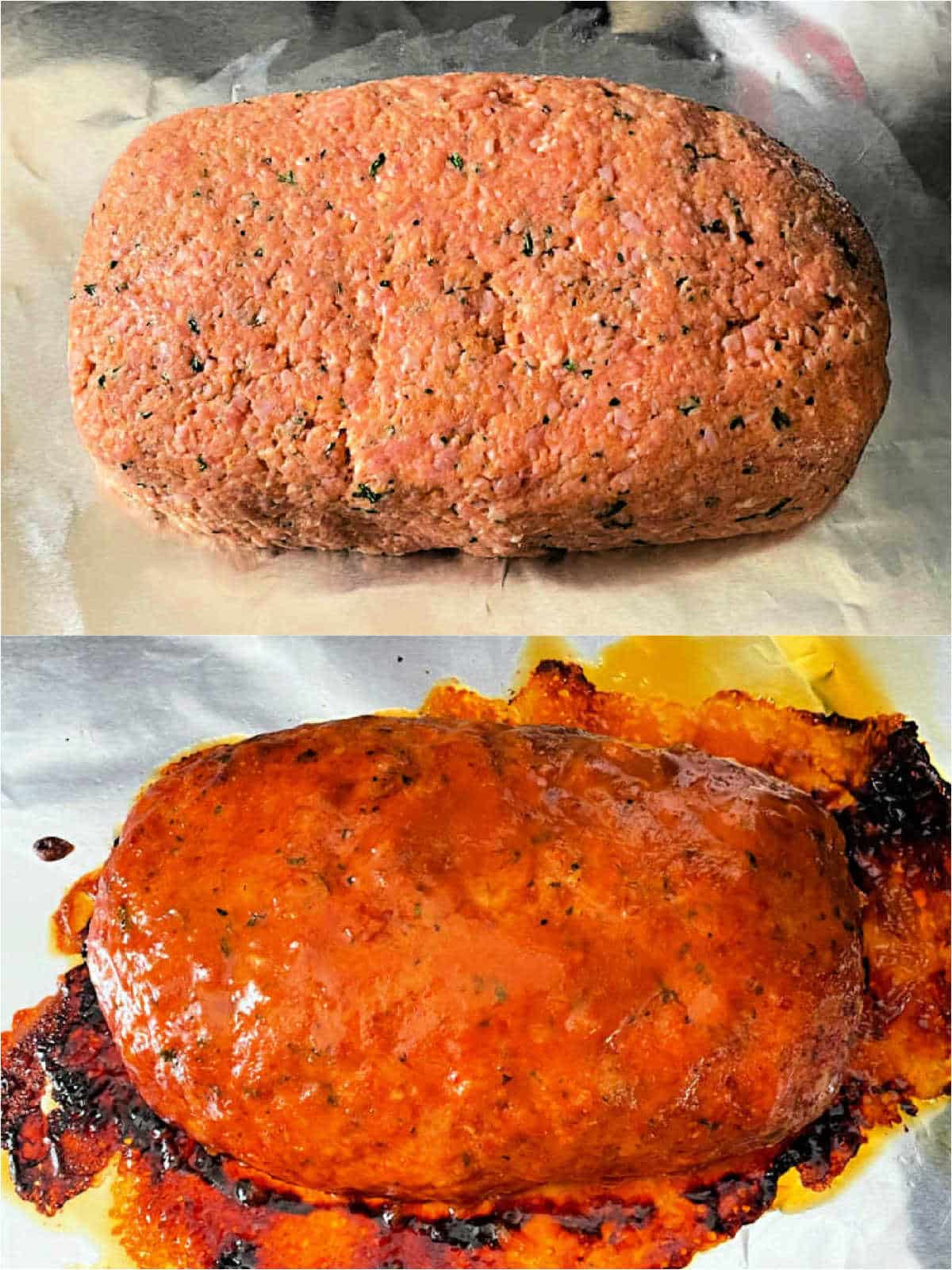 showing the ham loaf before and after being baked and glazed