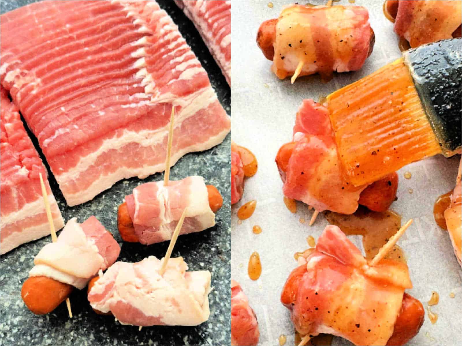 showing the bacon wrapped smokies being wrapped and brushed with brown sugar and butter glaze