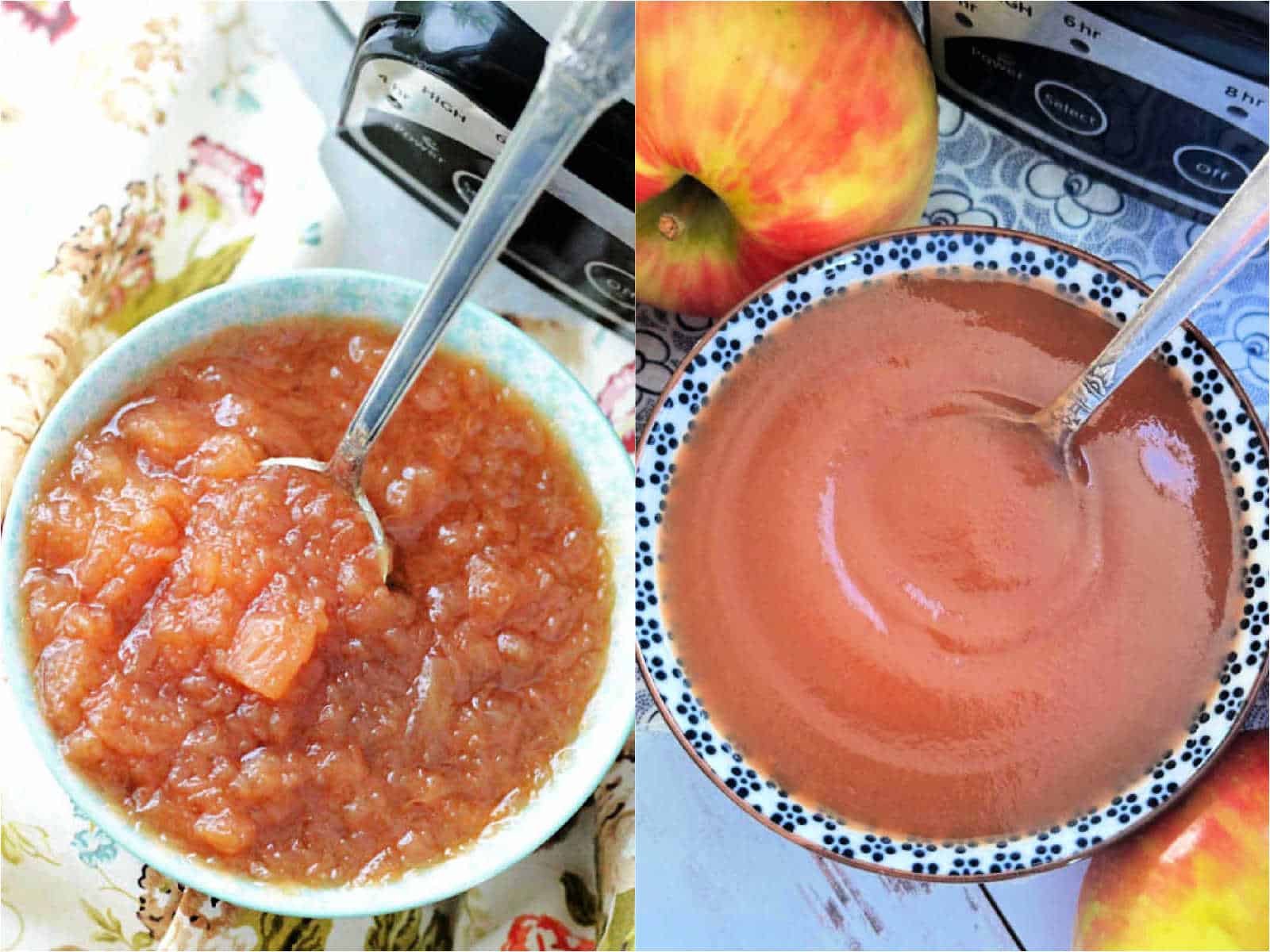 a collage of two photos - chunky applesauce on the left and smooth, blended applesauce on the right
