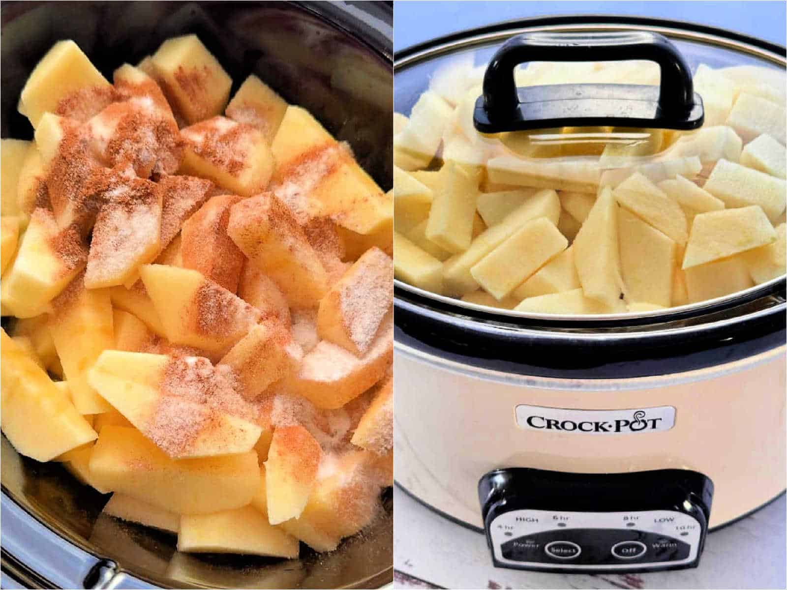 showing the chopped apples with sugar and cinnamon in the crockpot ready to be turned into applesauce