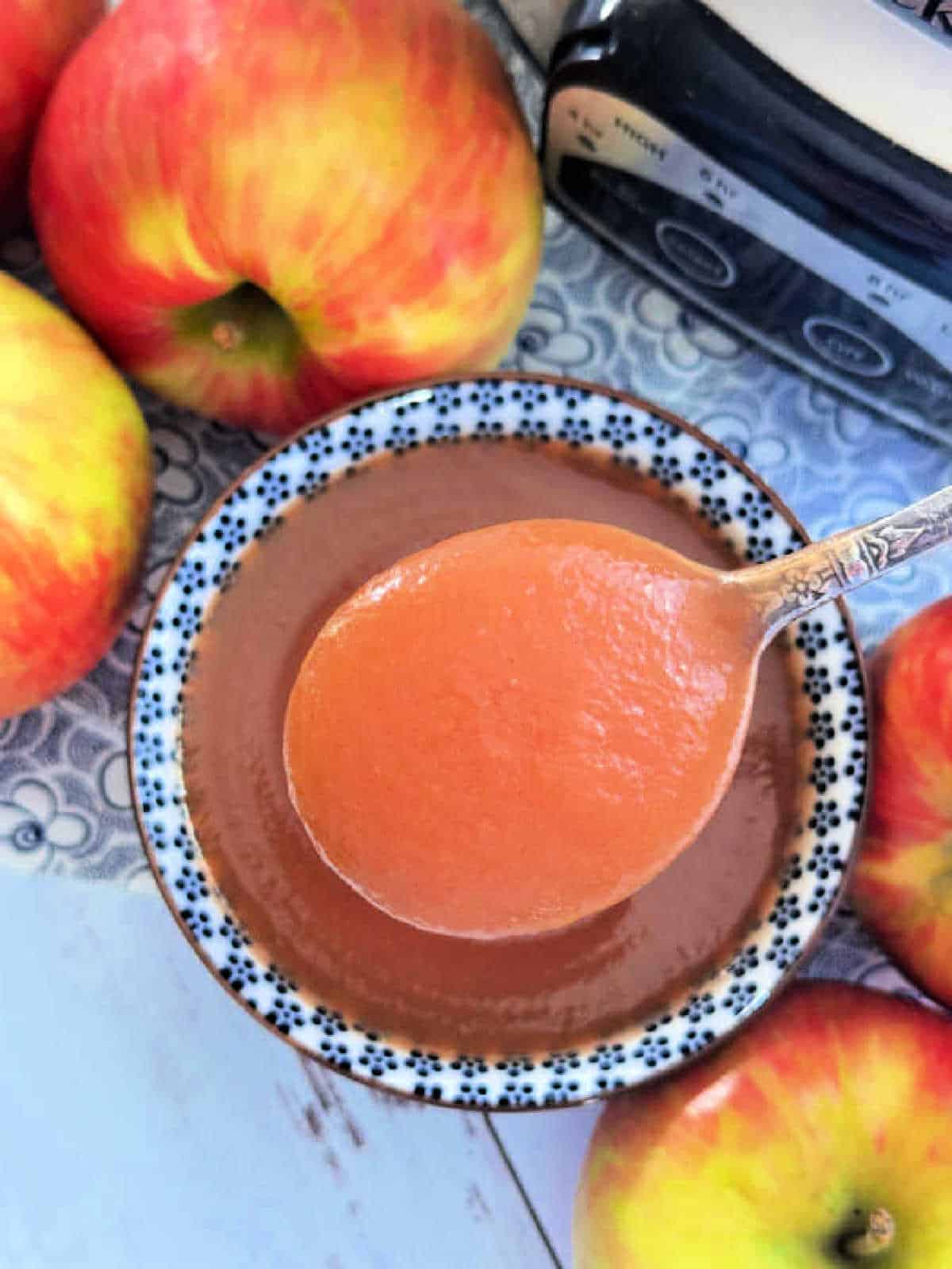 a spoonful of applesauce being lifted from the serving dish