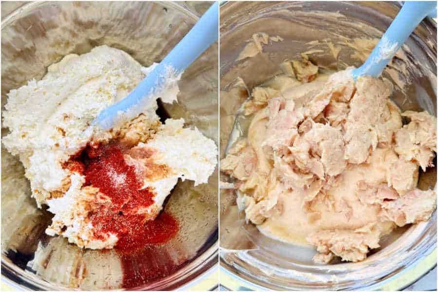 a photo collage showing how to mix the tuna dip