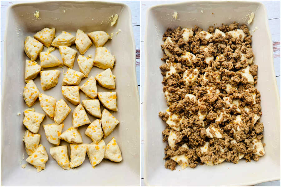 collage showing the casserole being assembled - biscuit layer and then biscuits topped with cooked sausage