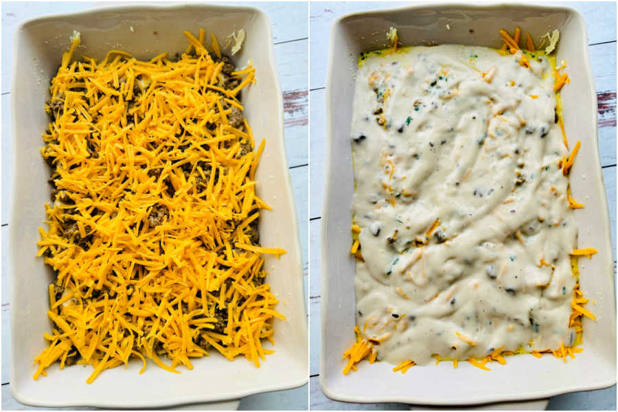 picture collage showing assembly of casserole - cheese layer and gravy layer
