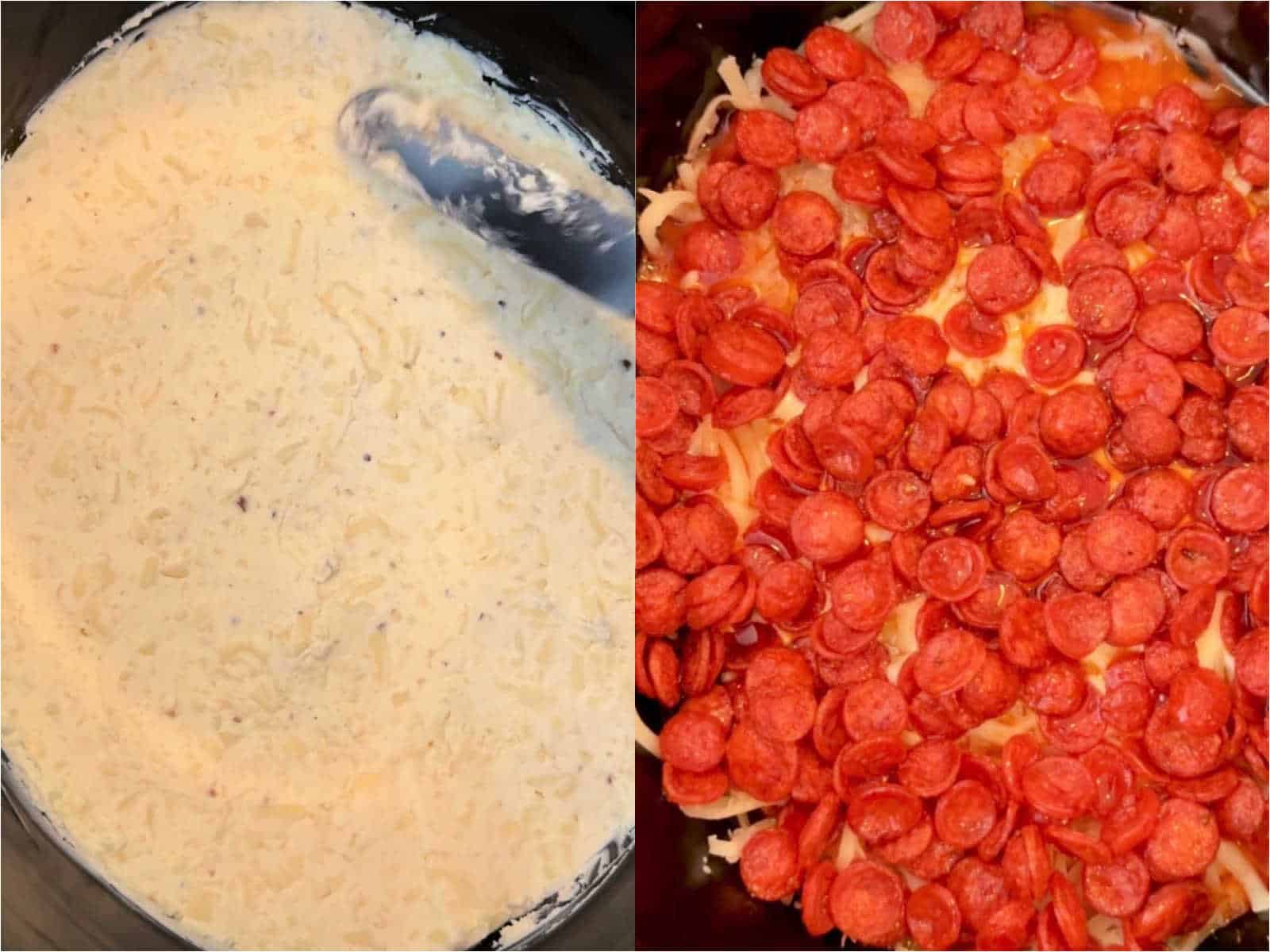 showing the cream cheese layer on the bottom and the pepperoni layer on the top