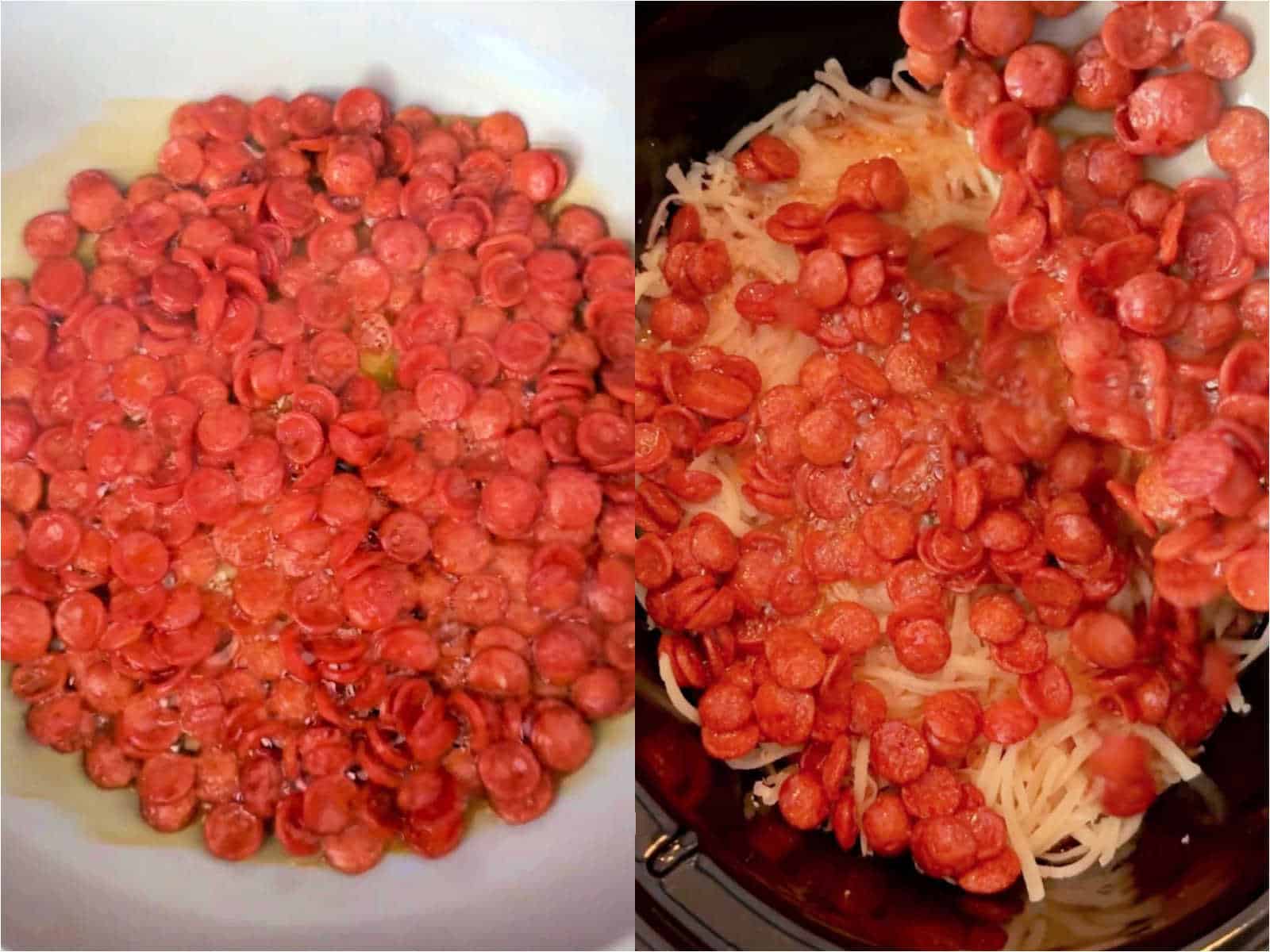 showing the pepperoni being cooked in the skillet then poured on top of the pizza dip