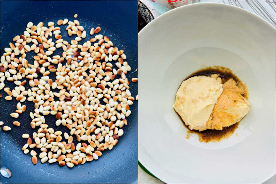 toasting pine nuts in a skillet and mixing the mayonnaise and Worcestershire sauce