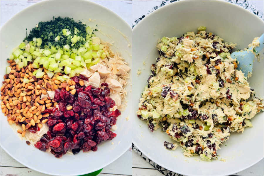 cranberry chicken salad in a big white bowl, before and after being mixed together