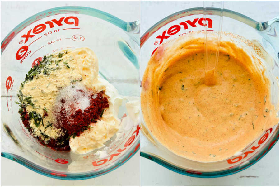 two picture collage showing dressing ingredients before and after being whisked together