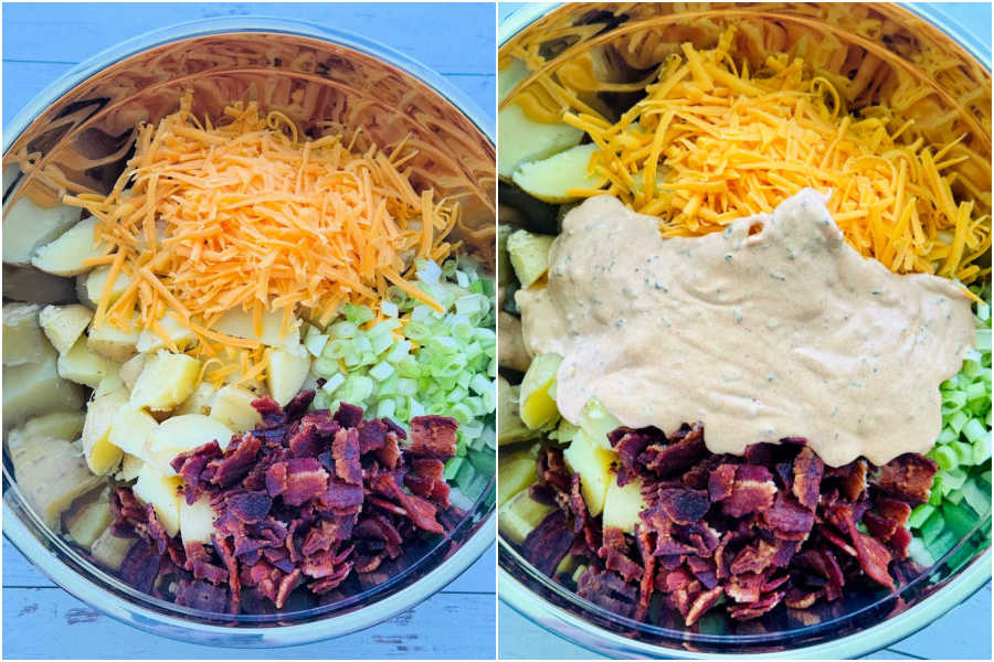 two picture collage of ingredients for loaded potato salad in a large bowl, before and after being mixed together