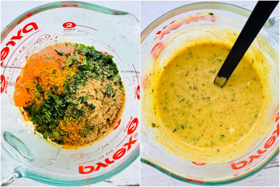 two picture collage showing curry mayonnaise dressing before and after being mixed