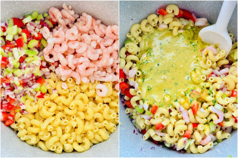 two picture collage of pasta salad ingredients in bowl, before and after being mixed