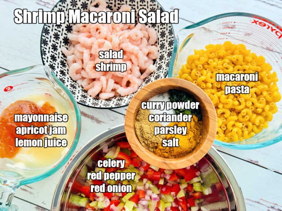picture of ingredients needed to make shrimp macaroni salad
