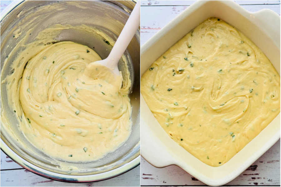 two picture collage showing the cake batter being mixed and in the cake pan