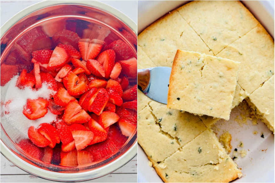 two picture collage showing macerated strawberries and baked shortcake